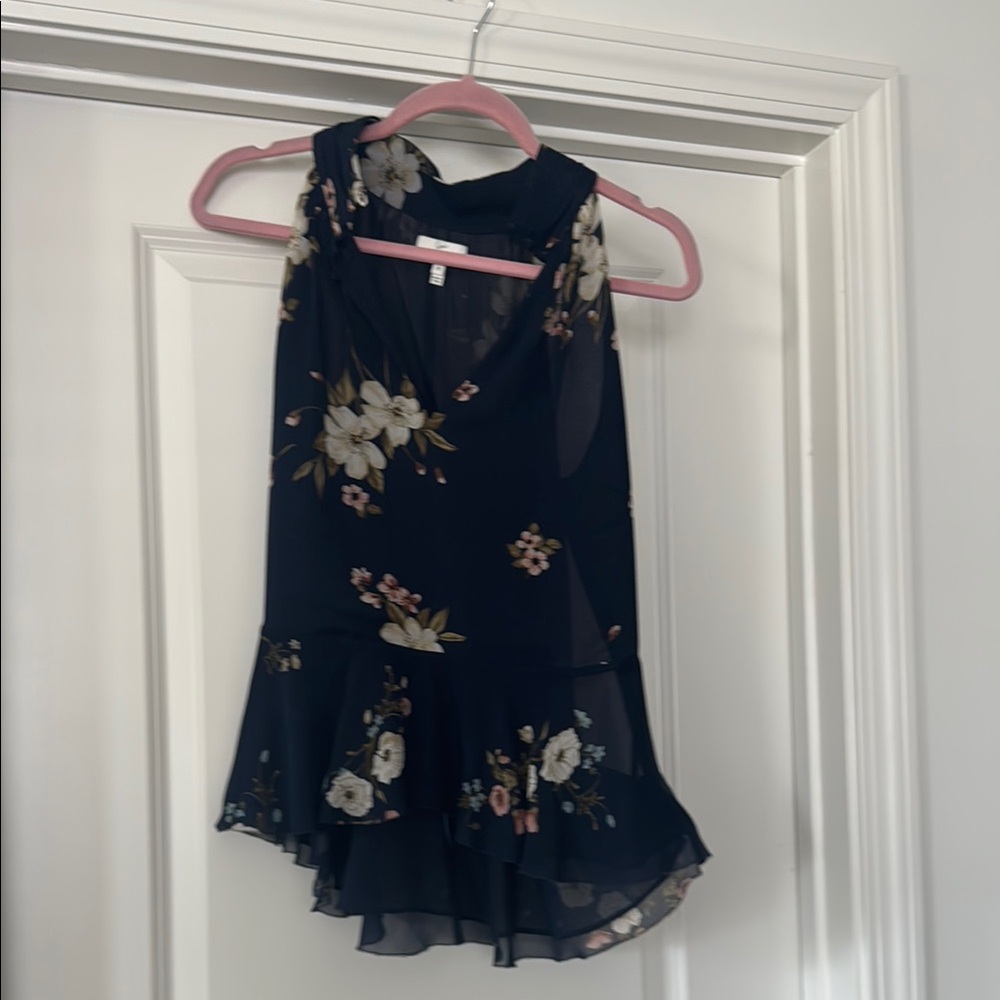 Joie Asymmetrical Ruffled Blouse Blue and White